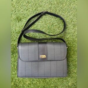 Vintage Liz Claiborne Black PolyVinyl Striped Shoulder Bag Purse 90s